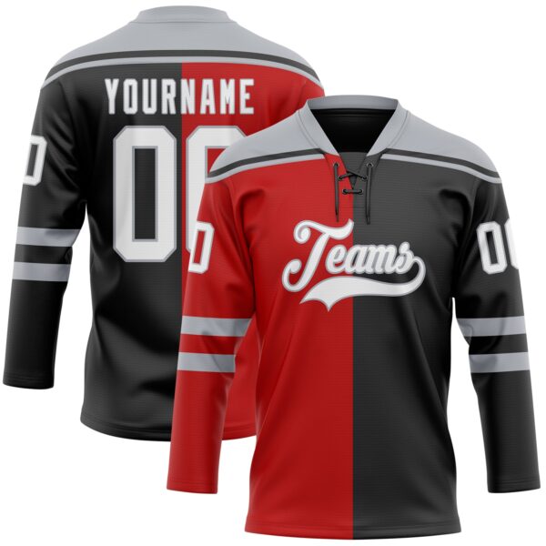 Custom Black White Red-Gray Split Fashion Hockey Lace Neck Jersey