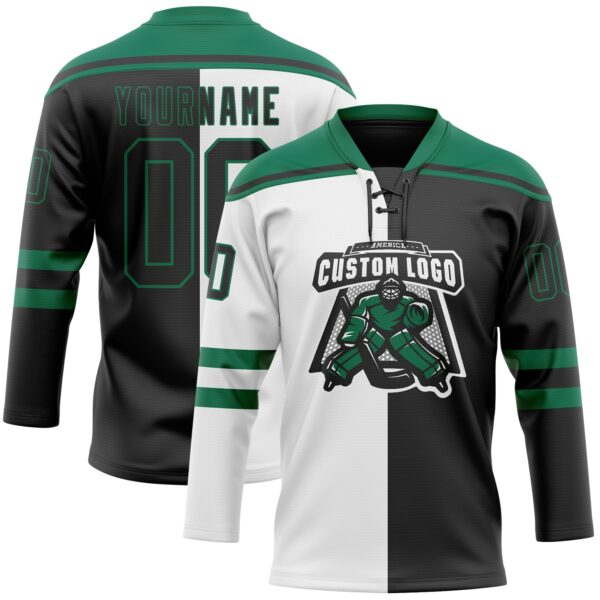 Custom Black Kelly Green-White Split Fashion Hockey Lace Neck Jersey