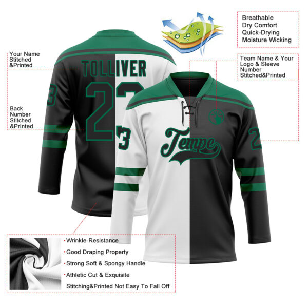 Custom Black Kelly Green-White Split Fashion Hockey Lace Neck Jersey