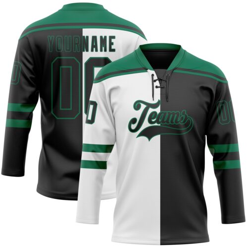 SplitF1112 Custom Black Kelly Green-White Split Fashion Hockey Lace Neck Jersey