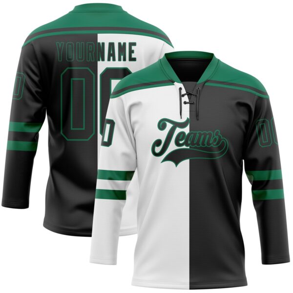 Custom Black Kelly Green-White Split Fashion Hockey Lace Neck Jersey