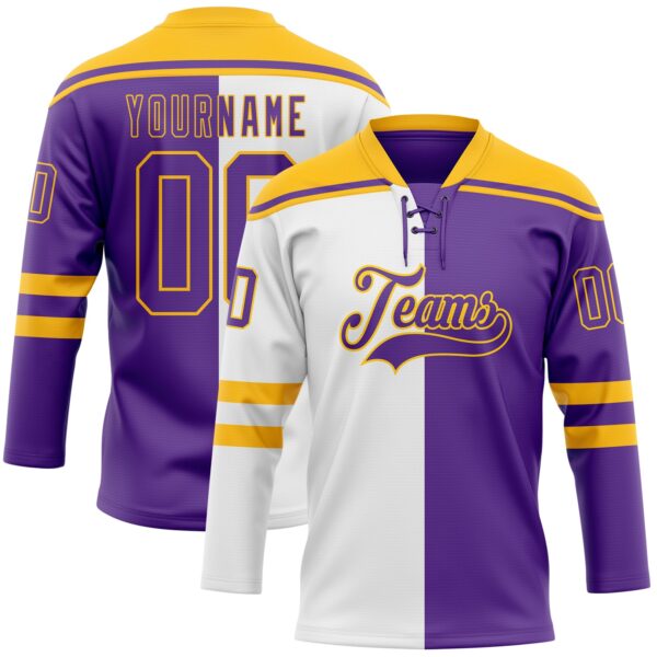Custom Purple Gold-White Split Fashion Hockey Lace Neck Jersey