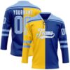 Custom Royal Light Blue Yellow-White Split Fashion Hockey Lace Neck Jersey