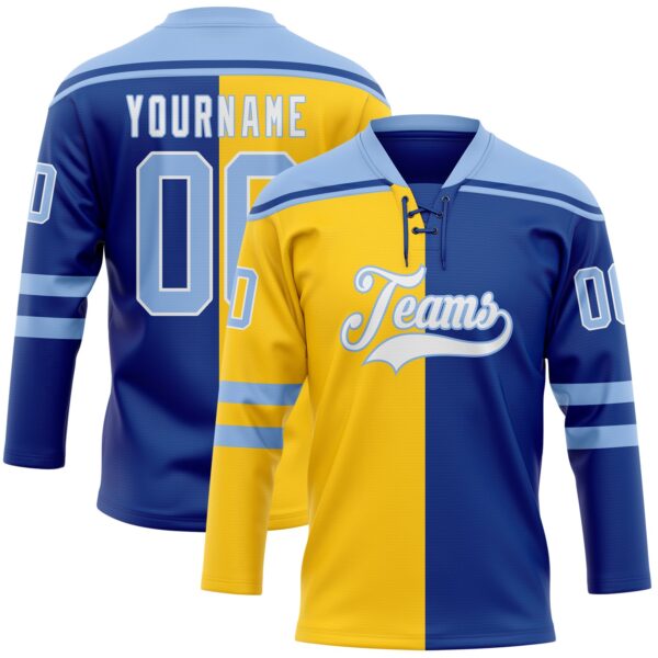 Custom Royal Light Blue Yellow-White Split Fashion Hockey Lace Neck Jersey