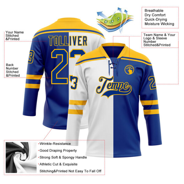 Custom Royal Gold-White Split Fashion Hockey Lace Neck Jersey