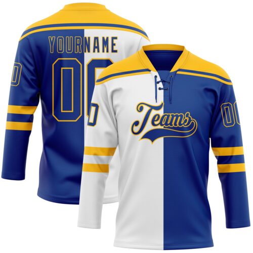 SplitF1115 Custom Royal Gold-White Split Fashion Hockey Lace Neck Jersey