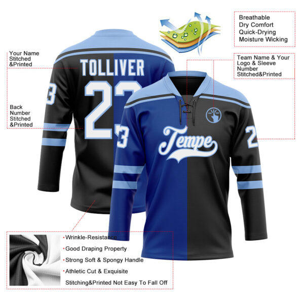 Custom Black White Royal-Light Blue Split Fashion Hockey Lace Neck Jersey