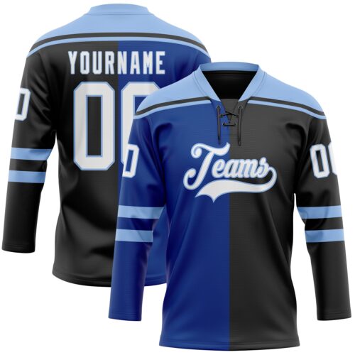 SplitF1116 Custom Black White Royal-Light Blue Split Fashion Hockey Lace Neck Jersey
