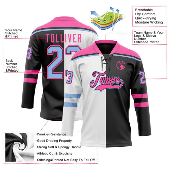 Custom Black Light Blue Pink-White Split Fashion Hockey Lace Neck Jersey