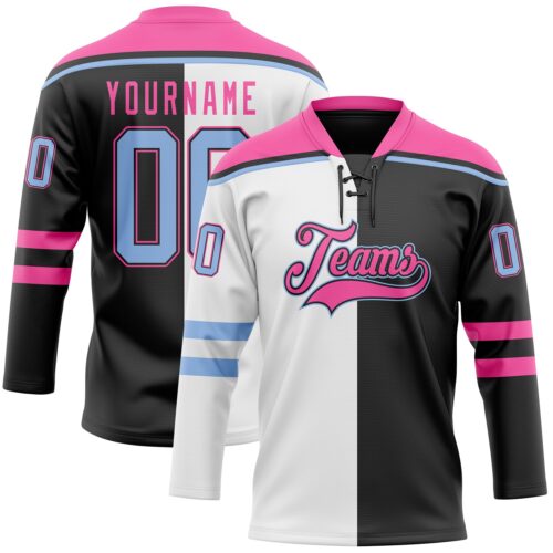 SplitF1117 Custom Black Light Blue Pink-White Split Fashion Hockey Lace Neck Jersey