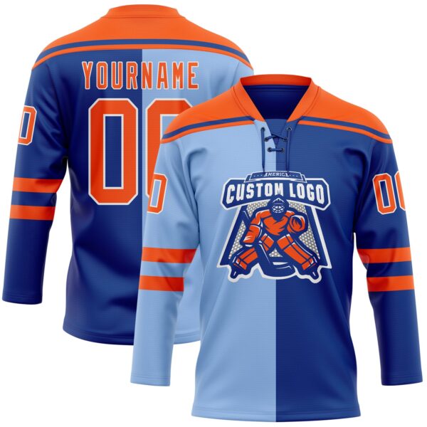 Custom Royal Orange Light Blue-White Split Fashion Hockey Lace Neck Jersey