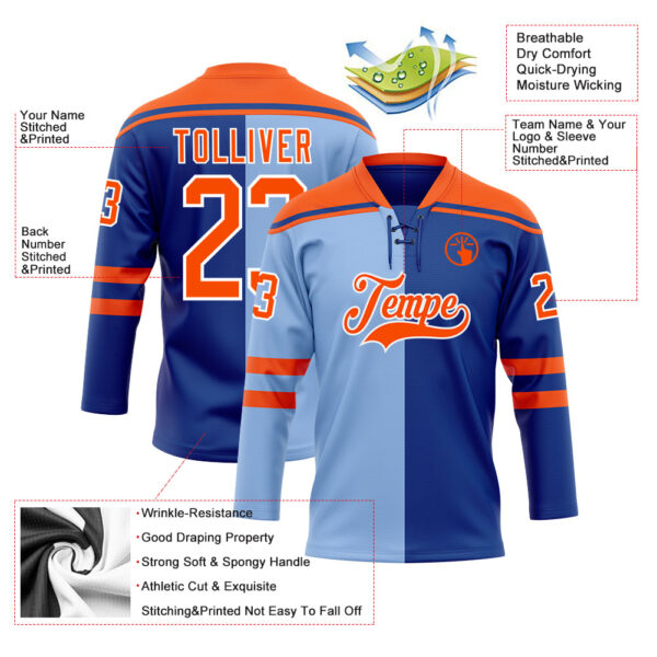 Custom Royal Orange Light Blue-White Split Fashion Hockey Lace Neck Jersey