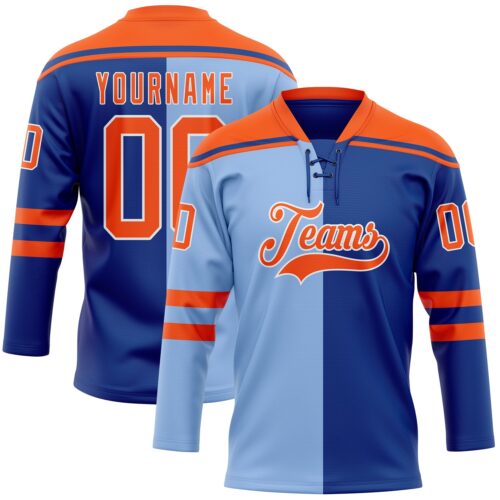SplitF1118 Custom Royal Orange Light Blue-White Split Fashion Hockey Lace Neck Jersey