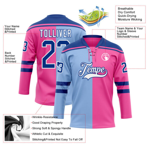 Custom Pink Royal Light Blue-White Split Fashion Hockey Lace Neck Jersey