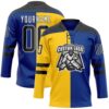 Custom Royal Black Yellow-White Split Fashion Hockey Lace Neck Jersey