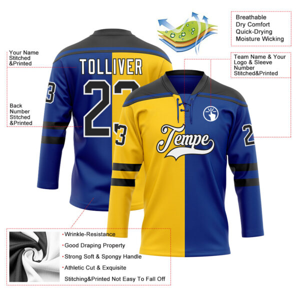 Custom Royal Black Yellow-White Split Fashion Hockey Lace Neck Jersey