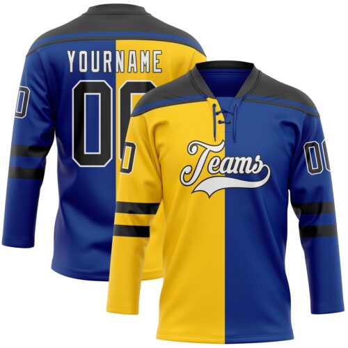 SplitF1120 Custom Royal Black Yellow-White Split Fashion Hockey Lace Neck Jersey