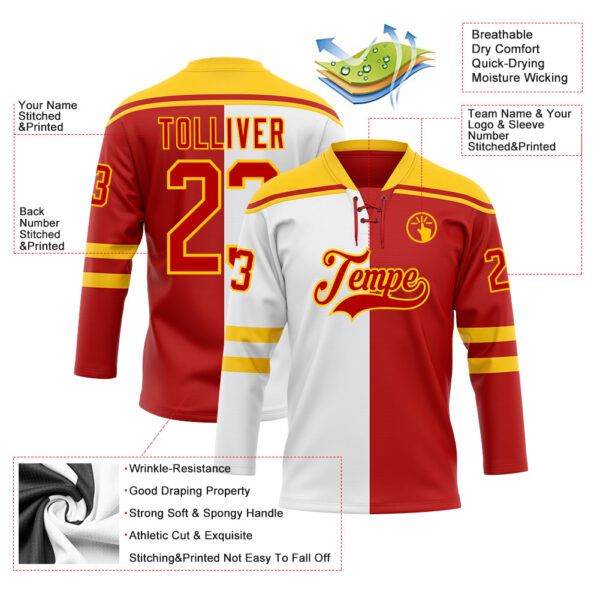 Custom Red Gold-White Split Fashion Hockey Lace Neck Jersey