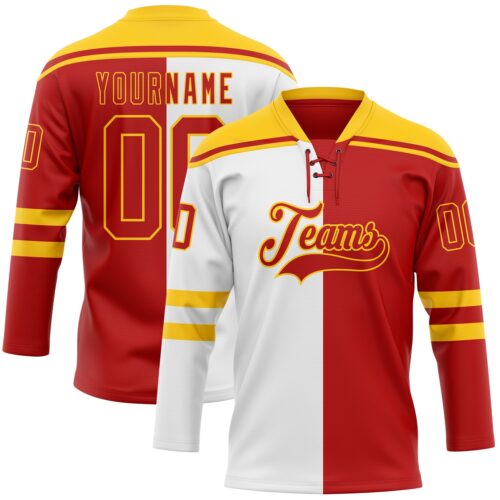 SplitF1121 Custom Red Gold-White Split Fashion Hockey Lace Neck Jersey