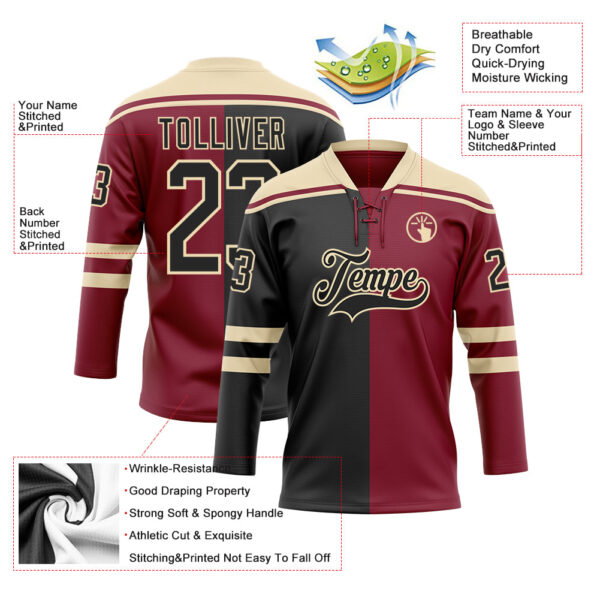 Custom Crimson Black-Cream Split Fashion Hockey Lace Neck Jersey