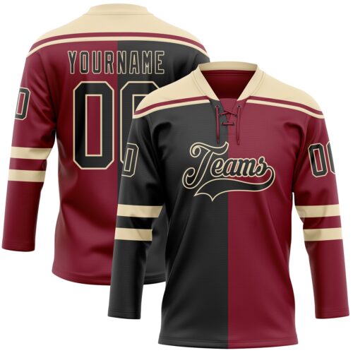 SplitF1122 Custom Crimson Black-Cream Split Fashion Hockey Lace Neck Jersey
