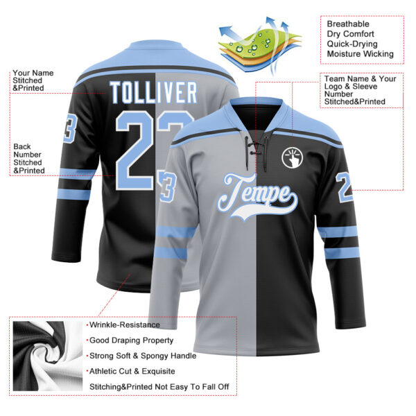 Custom Black Light Blue Gray-White Split Fashion Hockey Lace Neck Jersey