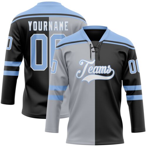 SplitF1123 Custom Black Light Blue Gray-White Split Fashion Hockey Lace Neck Jersey