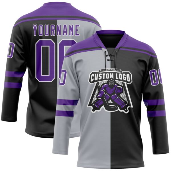 Custom Black Purple Gray-White Split Fashion Hockey Lace Neck Jersey