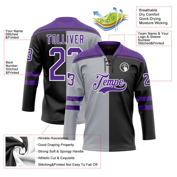 Custom Black Purple Gray-White Split Fashion Hockey Lace Neck Jersey