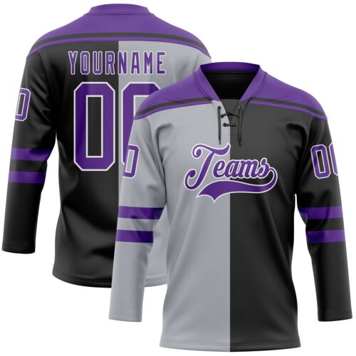 SplitF1124_a4bae454-b695-4cb4-a149-41e0a45518c3 Custom Black Purple Gray-White Split Fashion Hockey Lace Neck Jersey