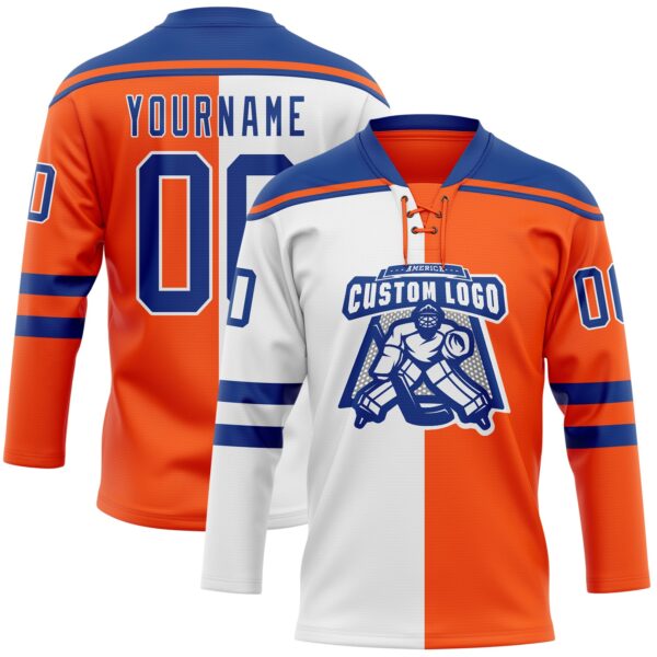 Custom Orange Royal-White Split Fashion Hockey Lace Neck Jersey
