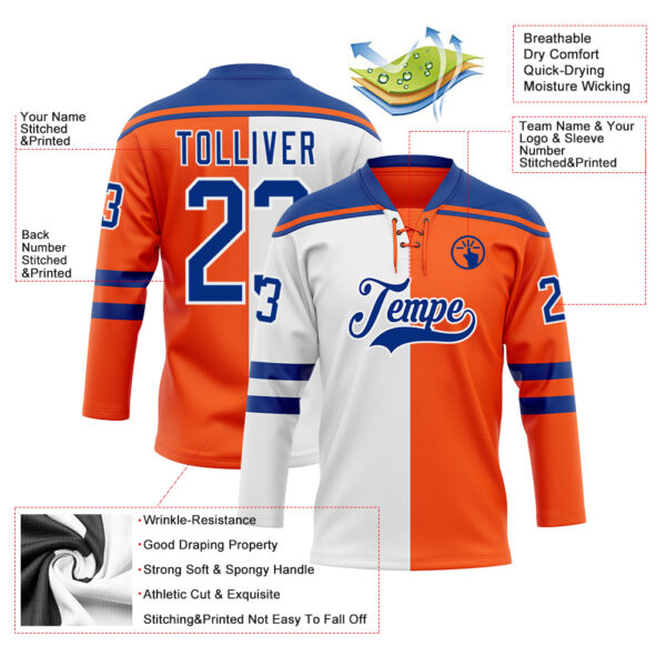 Custom Orange Royal-White Split Fashion Hockey Lace Neck Jersey
