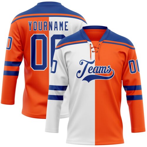 SplitF1125_ef80b1db-54e8-4686-b447-9f54914d0608 Custom Orange Royal-White Split Fashion Hockey Lace Neck Jersey