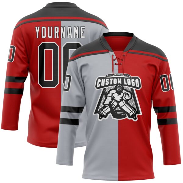 Custom Red Black Gray-White Split Fashion Hockey Lace Neck Jersey