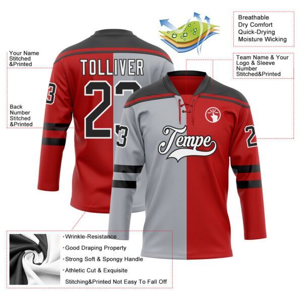 Custom Red Black Gray-White Split Fashion Hockey Lace Neck Jersey