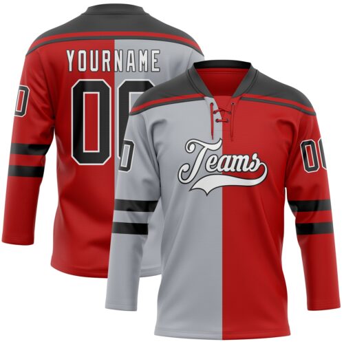 SplitF1126_64db6ee2-a4ec-47cd-b73a-526d63cca881 Custom Red Black Gray-White Split Fashion Hockey Lace Neck Jersey