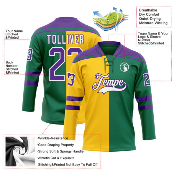 Custom Kelly Green Purple Yellow-White Split Fashion Hockey Lace Neck Jersey