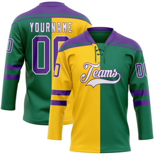 SplitF1127 Custom Kelly Green Purple Yellow-White Split Fashion Hockey Lace Neck Jersey