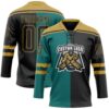 Custom Black Teal-Old Gold Split Fashion Hockey Lace Neck Jersey
