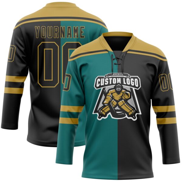 Custom Black Teal-Old Gold Split Fashion Hockey Lace Neck Jersey