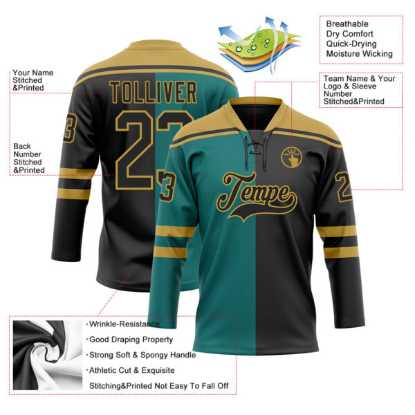 Custom Black Teal-Old Gold Split Fashion Hockey Lace Neck Jersey