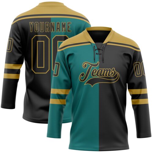 SplitF1128 Custom Black Teal-Old Gold Split Fashion Hockey Lace Neck Jersey