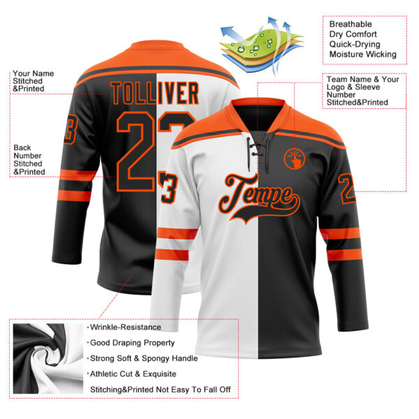 Custom Black Orange-White Split Fashion Hockey Lace Neck Jersey
