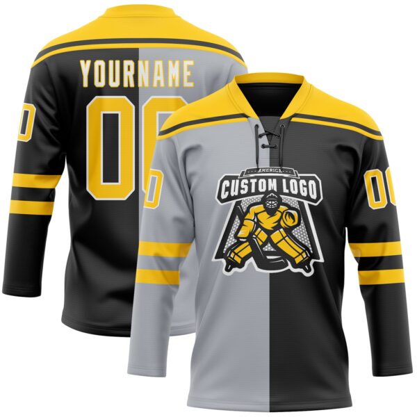 Custom Black Yellow Gray-White Split Fashion Hockey Lace Neck Jersey