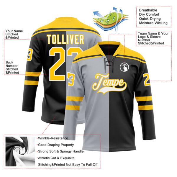 Custom Black Yellow Gray-White Split Fashion Hockey Lace Neck Jersey