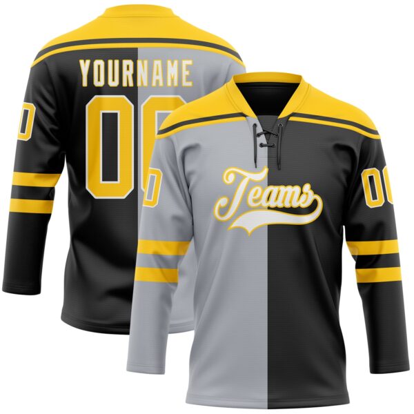 Custom Black Yellow Gray-White Split Fashion Hockey Lace Neck Jersey