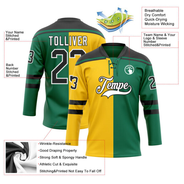 Custom Kelly Green Black Yellow-White Split Fashion Hockey Lace Neck Jersey