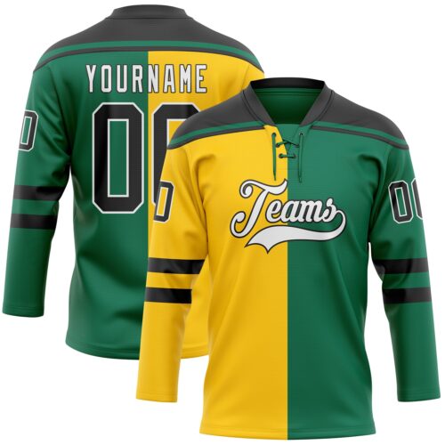SplitF1131 Custom Kelly Green Black Yellow-White Split Fashion Hockey Lace Neck Jersey