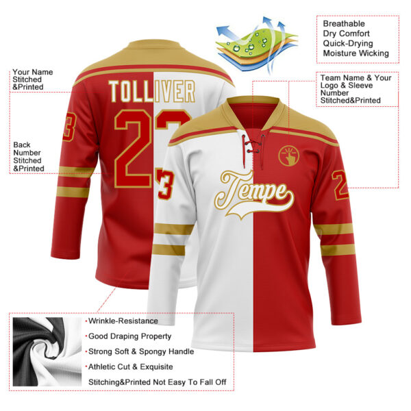Custom Red Old Gold-White Split Fashion Hockey Lace Neck Jersey