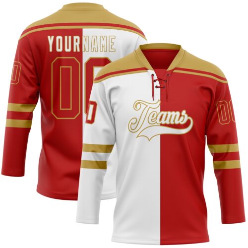SplitF1132 Custom Red Old Gold-White Split Fashion Hockey Lace Neck Jersey
